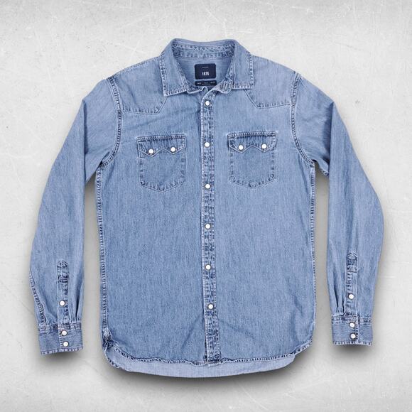 ZARA MAN 1975 Other - ZARA 1975 Chambray Shirt Men M Blue Pearl Snaps Long Sleeve Western Streetwear